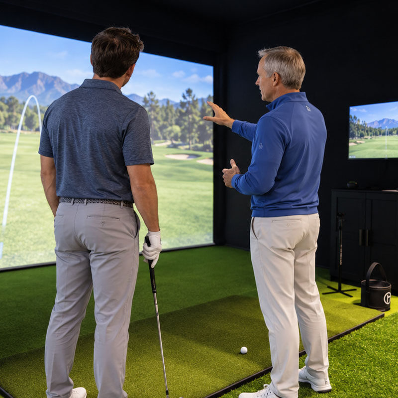 Phil Truono reviewing ball flight with a golfer at Flagstick Golf Performance
