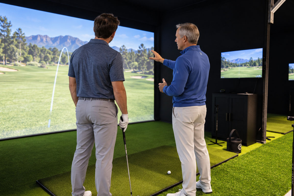 Phil Truono reviewing ball flight with a golfer at Flagstick Golf Performance